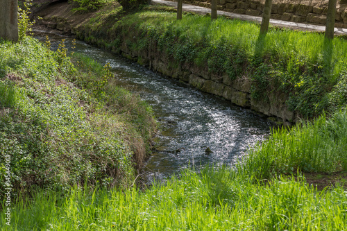 River in Europe running in a curve with green grass as trees