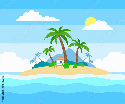 tropical island in the ocean with palm trees and bungalow flat style illustration