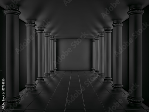 A series of black columns in the annular hall. 3d render