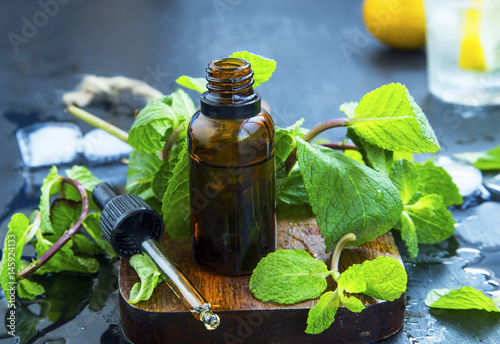 Mint essential oil in bottle .Fresh peppermint leaves with essential oil, alternative medicine