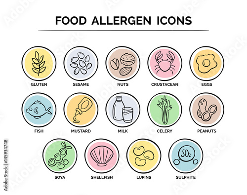 Food safety allergy icons set. 14 food ingredients that must be declared as allergens in the EU. EPS 10 vector. Useful for restaurants and meals.