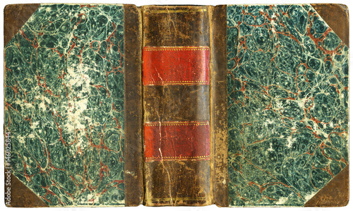 Antique open book cover with distinct leather spine and scratched paper boards - circa 1825