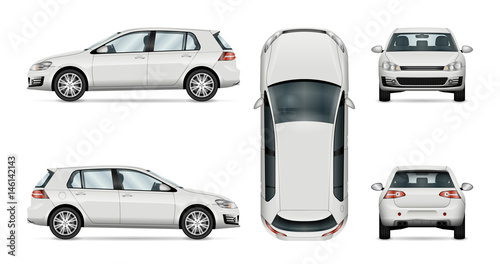 Car vector template on white background. Hatchback isolated. All layers and groups well organized for easy editing and recolor. View from side, front, back, top.