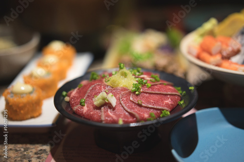 beef sashimi Japanese food on table