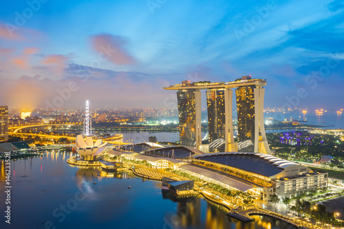 Singapore skyline, view of Singapore city at night and view of Marina Bay in Singapore