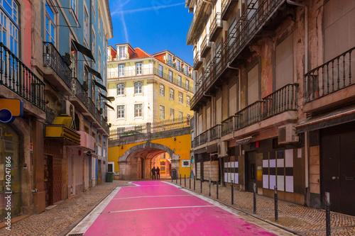 The famous pedestrian Pink street of Rua Nova do Carvalho in the Cais do Sodre area of Lisbon, Portugal