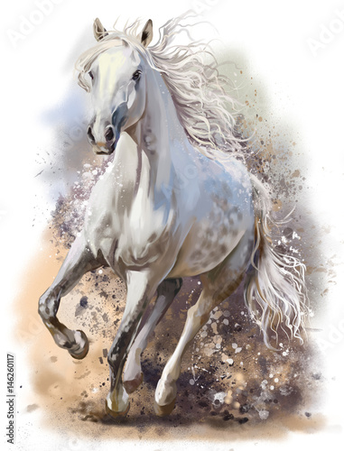 White horse runs watercolor painting