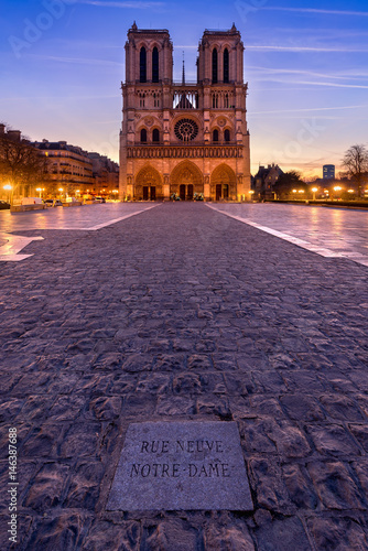 Notre Dame de Paris cathedral at sunrise. Ile de La Cite, Parvis Notre Dame (Place Jean-Paul II), 4th Arrondissement, Paris, France