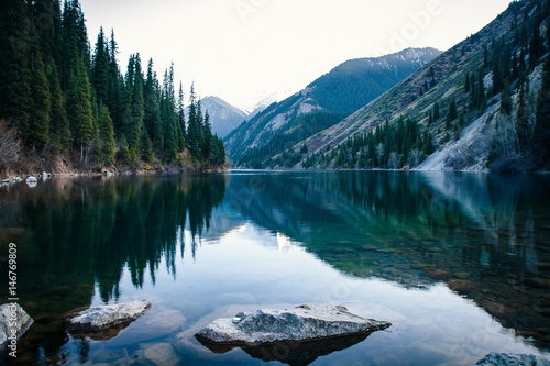 Majestic blue mountain lake with green trees