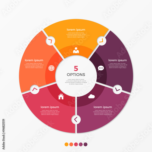 Circle chart infographic template with 5 options.