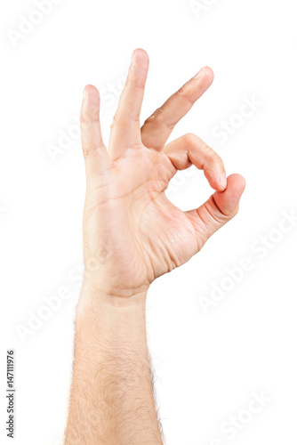 Dłoń wykonująca gest na białym tle