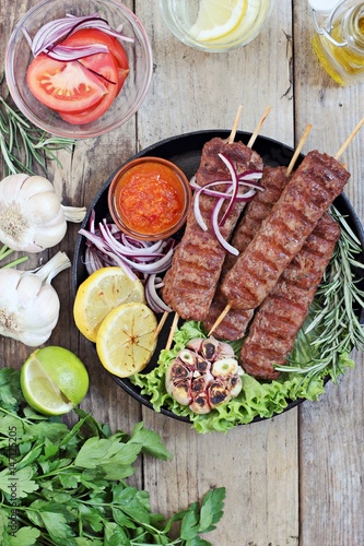  Kebab .Traditional meat kebab of minced beef or lamb with vegetables and herbs .Selective focus 