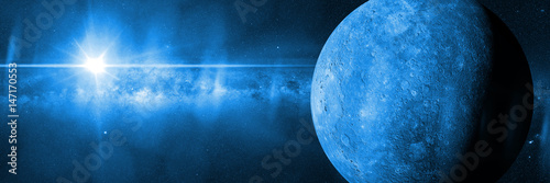 blue planet Mercury in front of the Milky Way galaxy lit by the Sun