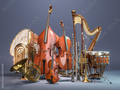 Orchestra musical instruments on grey background. 3D rendering