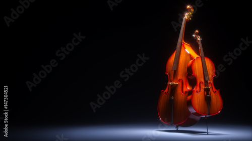 Double bass and cello in dark studio 3D rendering