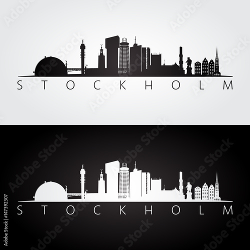 Stockholm skyline and landmarks silhouette, black and white design.