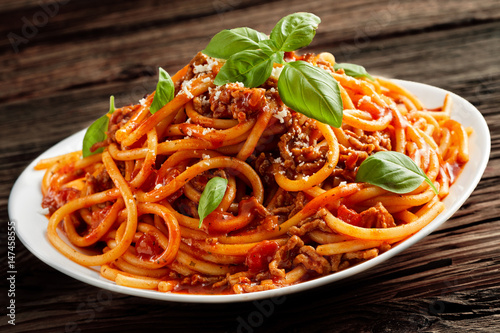 Heaped plate of Italian spaghetti Bolognaise