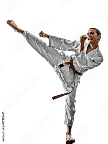 one karate kata training teenagers kid isolated on white background