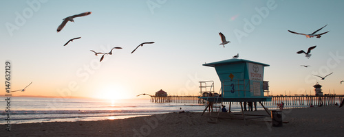 beautiful sunset with seagulls, Lifeguard, Huntington Beach, California