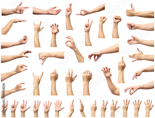 Multiple male caucasian hand gestures isolated over the white background