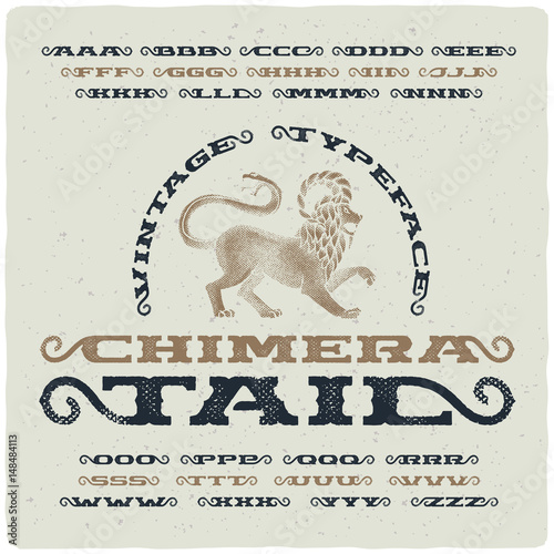 Vintage font with textured effect and hand drawn illustration of mythological chimera