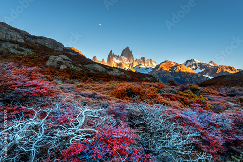 Góra Fitz Roy w pobliżu El Chalten, w południowej Patagonii, na granicy Argentyny i Chile. Jesienny widok ze szlaku.