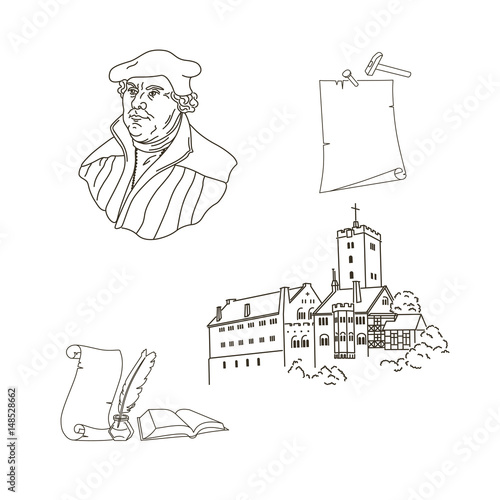 500th anniversary of protestant reformation pack: Portrait of Martin Luther, the key person in Protestant Reformation; Wartburg in Eisenach castle; Bible, manuscript and feather. Vector Illustration 