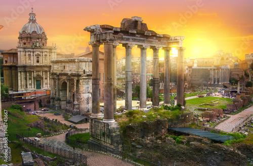 Ruins of Roman's forum at sunset, ancient government buildings started 7th century BC. Rome