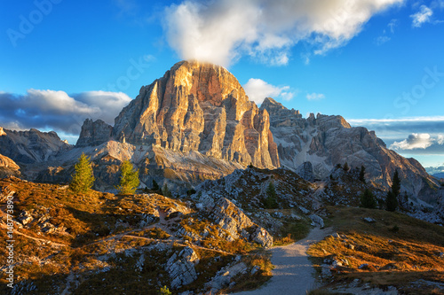 Mountain Cinque Torri (The Five Pillars) in sunny day, Dolomites, Italy