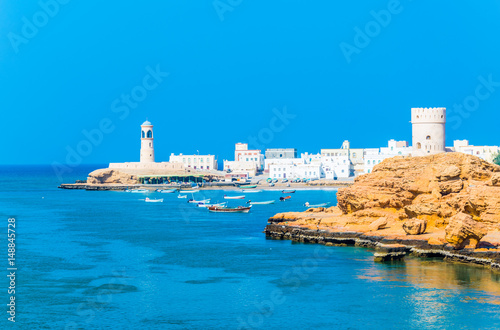 View of the Al Ayjah town from a beach in Sur, Oman.