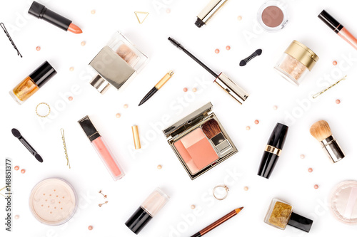 set of professional decorative cosmetics, makeup tools and accessory isolated on white background. beauty, fashion and shopping concept. flat lay composition, top view