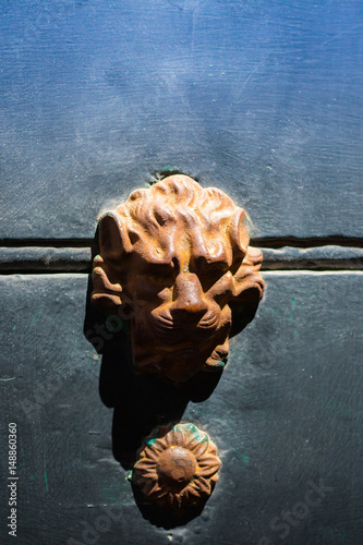 brązowa kołatka z głową lwa na granatowym tle