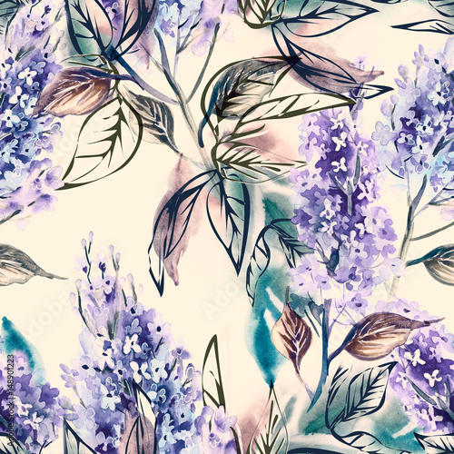 Lilac Flowers Seamless Pattern. Watercolor Background.