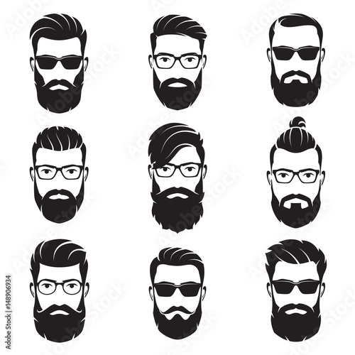 Set of vector bearded men faces hipsters