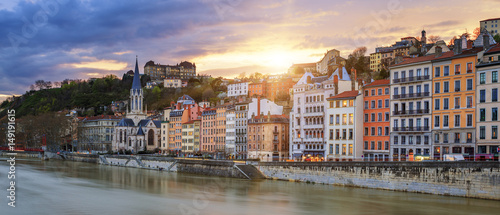 View of Saone river in Lyon city at sunset