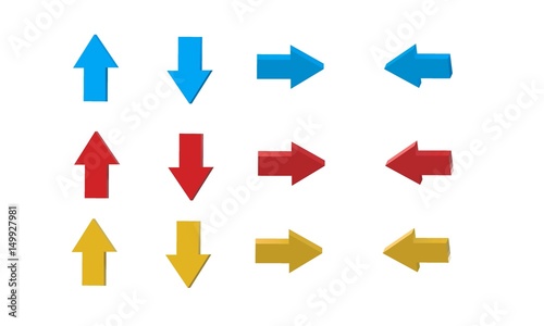 3d arrow on white background, arrow symbol, 3d arrow sign, red blue and yellow arrow.