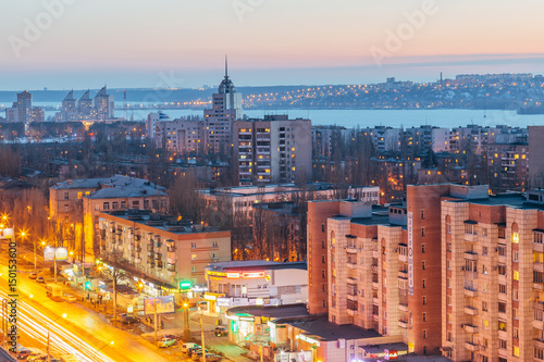 Voronezh, Russia - March 04, 2017: Evening Voronezh cityscape from rooftop. View to Leninskiy Prospect