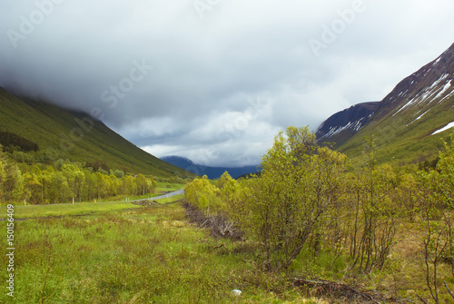 Beautiful Scandinavian landscape. Road in the mountains.