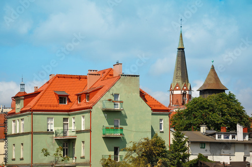 Old buildings and the tower of the church in Sopot, Poland.