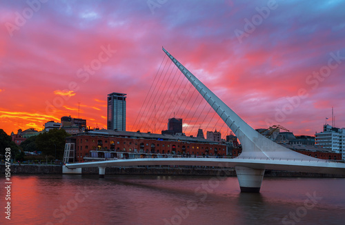 The district of Puerto Madero and theWomen's bridge in the sunset. Buenos Aires, Argentina.