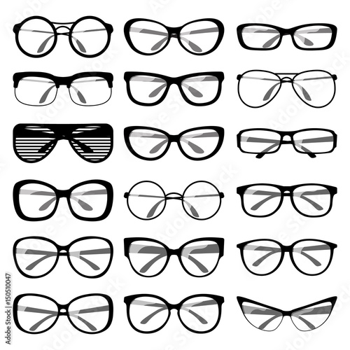 Set of different shapes of spectacle frames. Men and women sunglasses, eyeglasses frames for vision care. Vector
