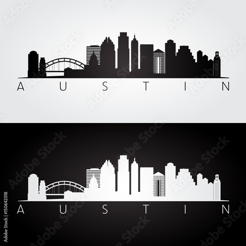 Austin USA skyline and landmarks silhouette, black and white design.