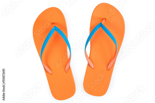 Orange Flip Flops Isolated On White Background. Top View