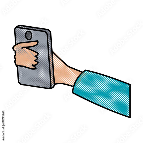 drawing hand holding smartphone digital design vector illustration