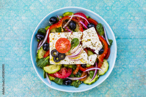 Choriatiki - Greek salad with feta cheese. Mediterranean food. 