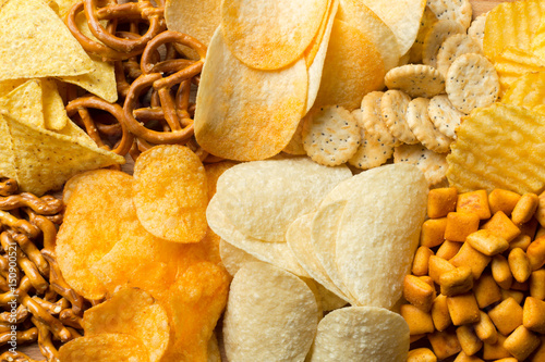 Salty snacks. Pretzels, chips, crackers