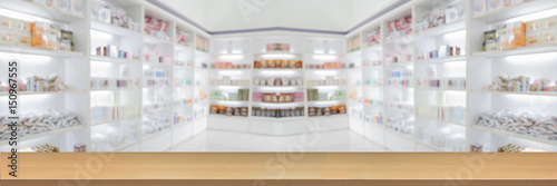 panorama on medicine cabinet and store medicine and pharmacy drugstore for Blurry background with Perspective wood
