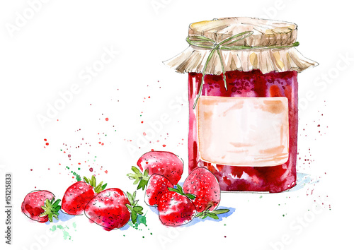 Sweet strawberry jam and berry. Watercolor hand drawn illustration.
