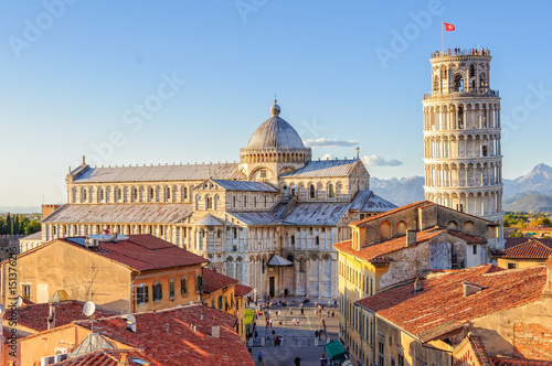 Cathedral (Duomo) and the Leaning Tower photographed from above the roofs, from the Grand Hotel Duomo - Pisa, Tuscany, Italy