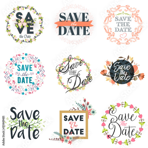 Save the date. Vector design floral elements for wedding invitations. Set of badges and labels